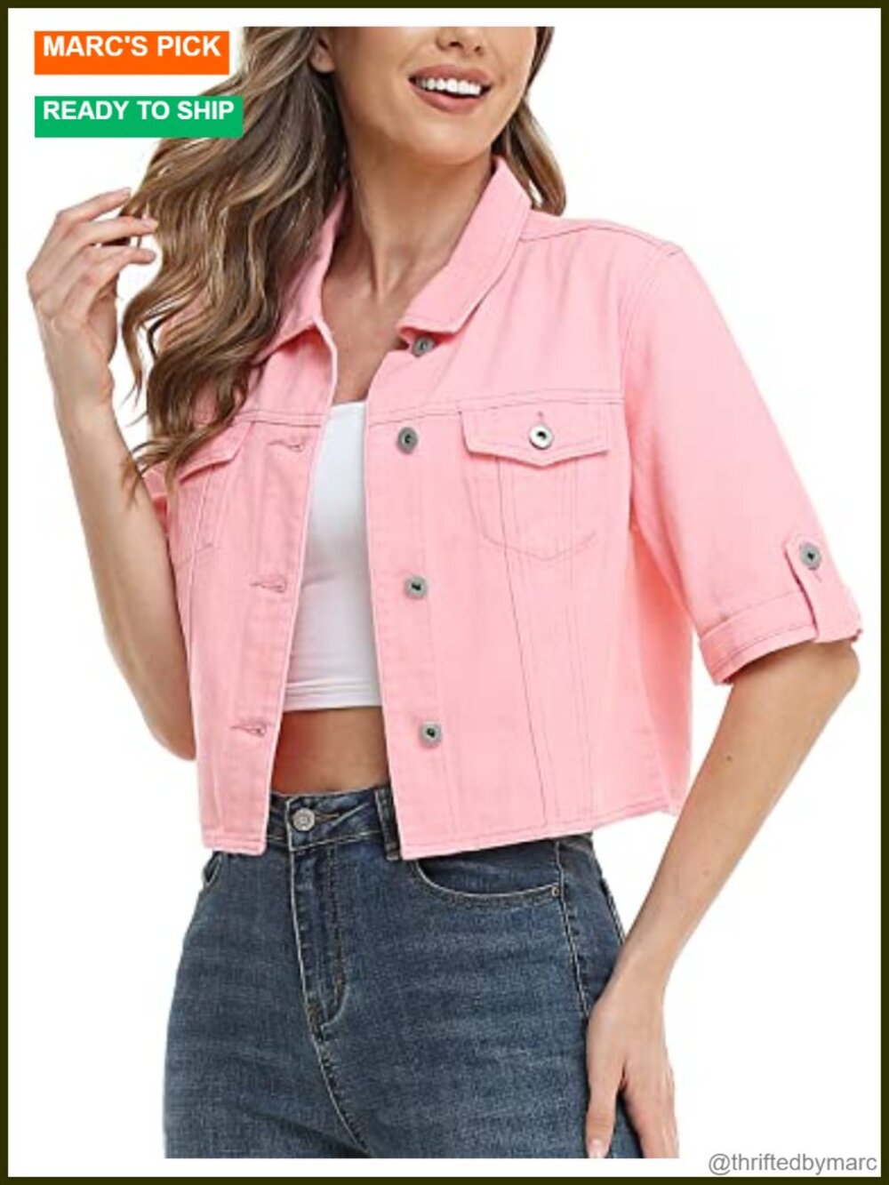 Cropped Denim Jacket Short Sleeve Button Down Fitted Cotton Stretch
